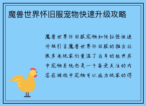 魔兽世界怀旧服宠物快速升级攻略